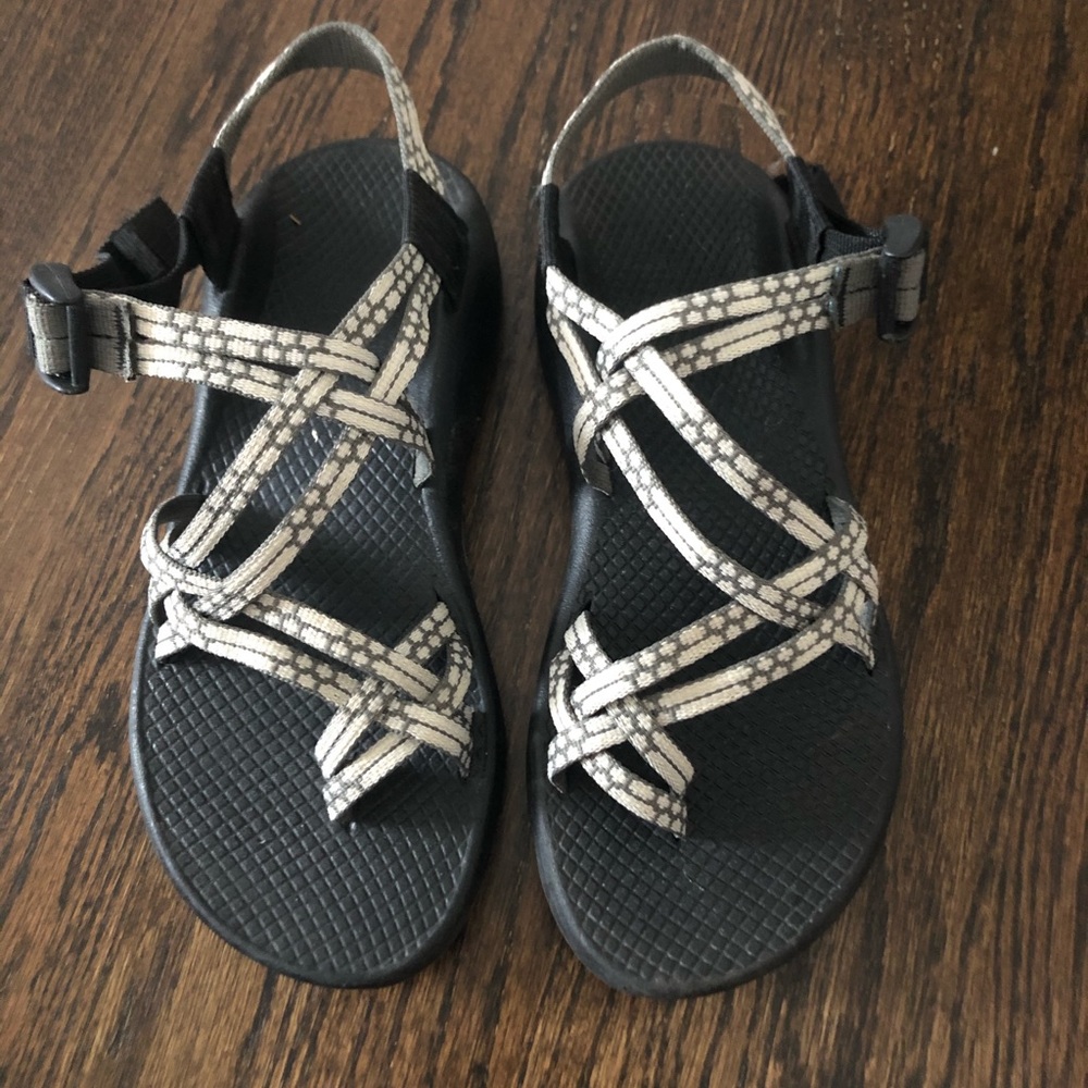 Grey and white chacos